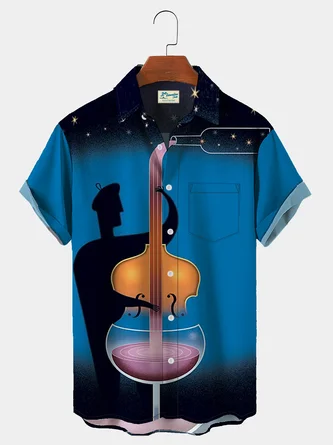 Deep Blue Musical Instrument Cotton-Blend Holiday Series Shirts - Royaura