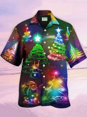 Mens Christmas Pine Tree Print Loose Short Sleeve Shirts - Royaura