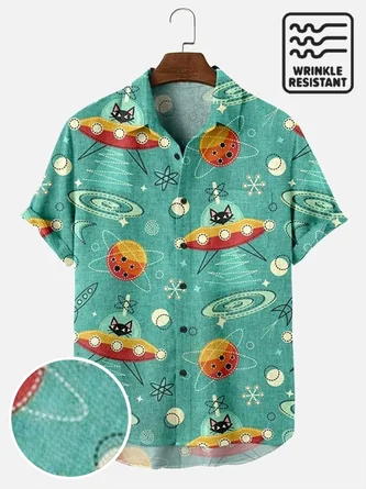 Men's Seersucker Fabric Wrinkle Resistant Shirt UFO Cat Art Print Short Sleeve Shirt - Royaura