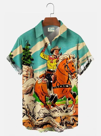 Men's Retro Western Cowboy Pocket Equestrian Casual Loose Comics Print Shirt - Royaura