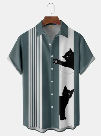 Royaura Striped 1 Blue Women Shirts Polyester Shirt Collar Casual Short Sleeve Daily Cat Shirts