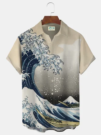 Mens Japanese Ukiyoe Wave Print Casual Breathable Chest Pocket Short Sleeve Hawaiian Shirts- Royaura