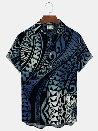 Deep Blue Hawaii Series Pockets Tapa Geometry Shirts - Royaura