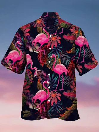 Men's Botanical Flamingo Print Casual Short Sleeve Hawaiian Shirt - Royaura
