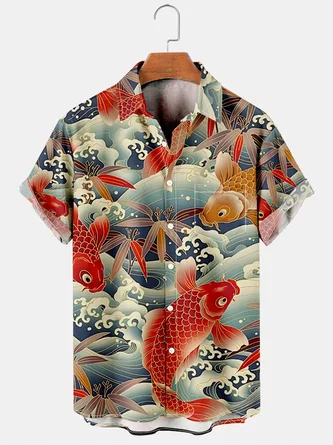 Men's Vintage Koi Transfer Print Short Sleeve Shirt - Royaura